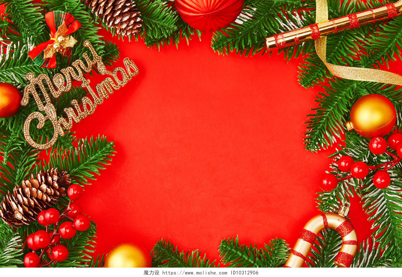 红底圣诞边框人造雪花绿叶红色装饰圣诞节圣诞元素